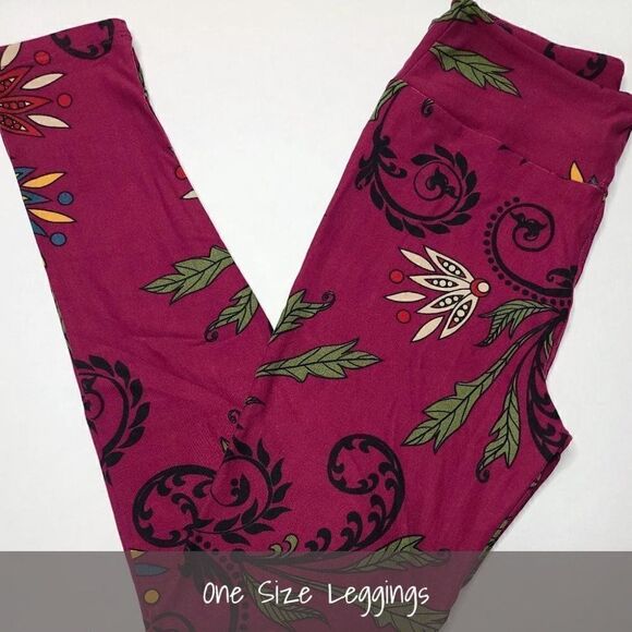 LuLaRoe OS Leggings Floral Leaves Paisley Bright Maroon NEW - Picture 1 of 1